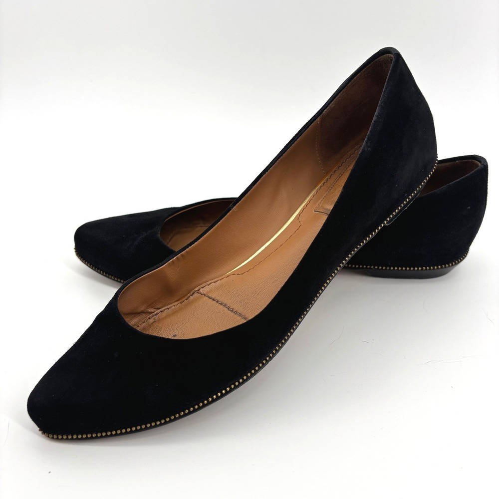 Givenchy Paris Black Suede Pointed Toe Zipper Trim Flats Shoes 38.5 Italy